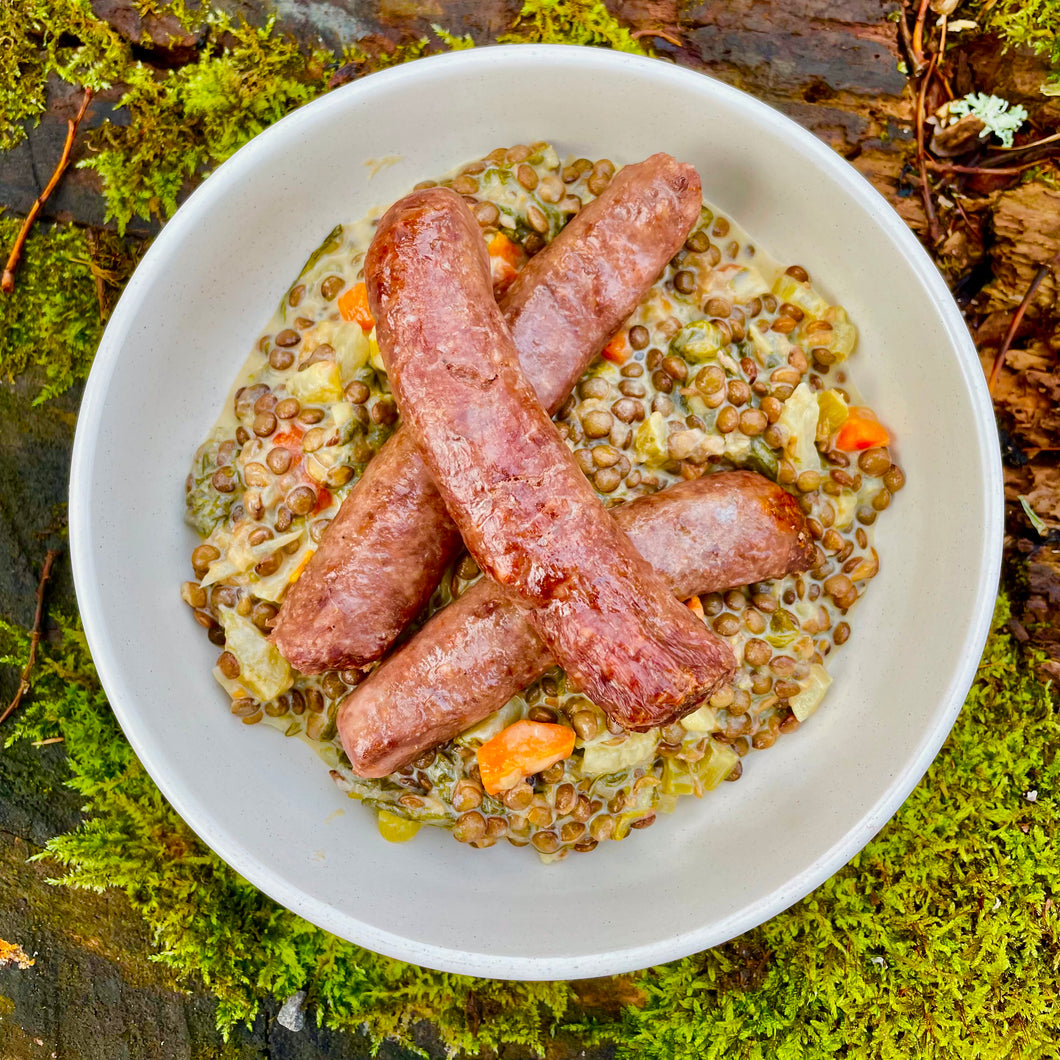 Venison Bangers w creamy fennel & lentil cassoulet